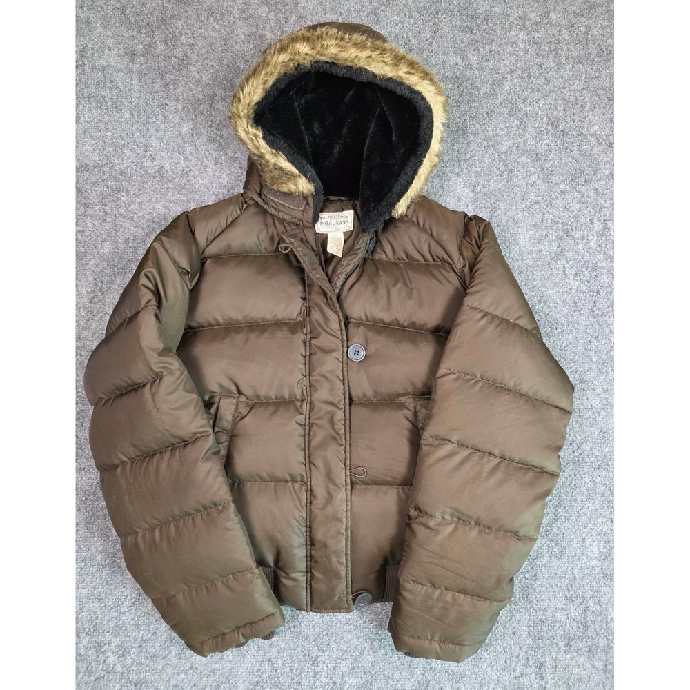Ralph Lauren Polo Jeans Puffer Jacket Womens L Brown Down Faux Fur Hood Bomber‎